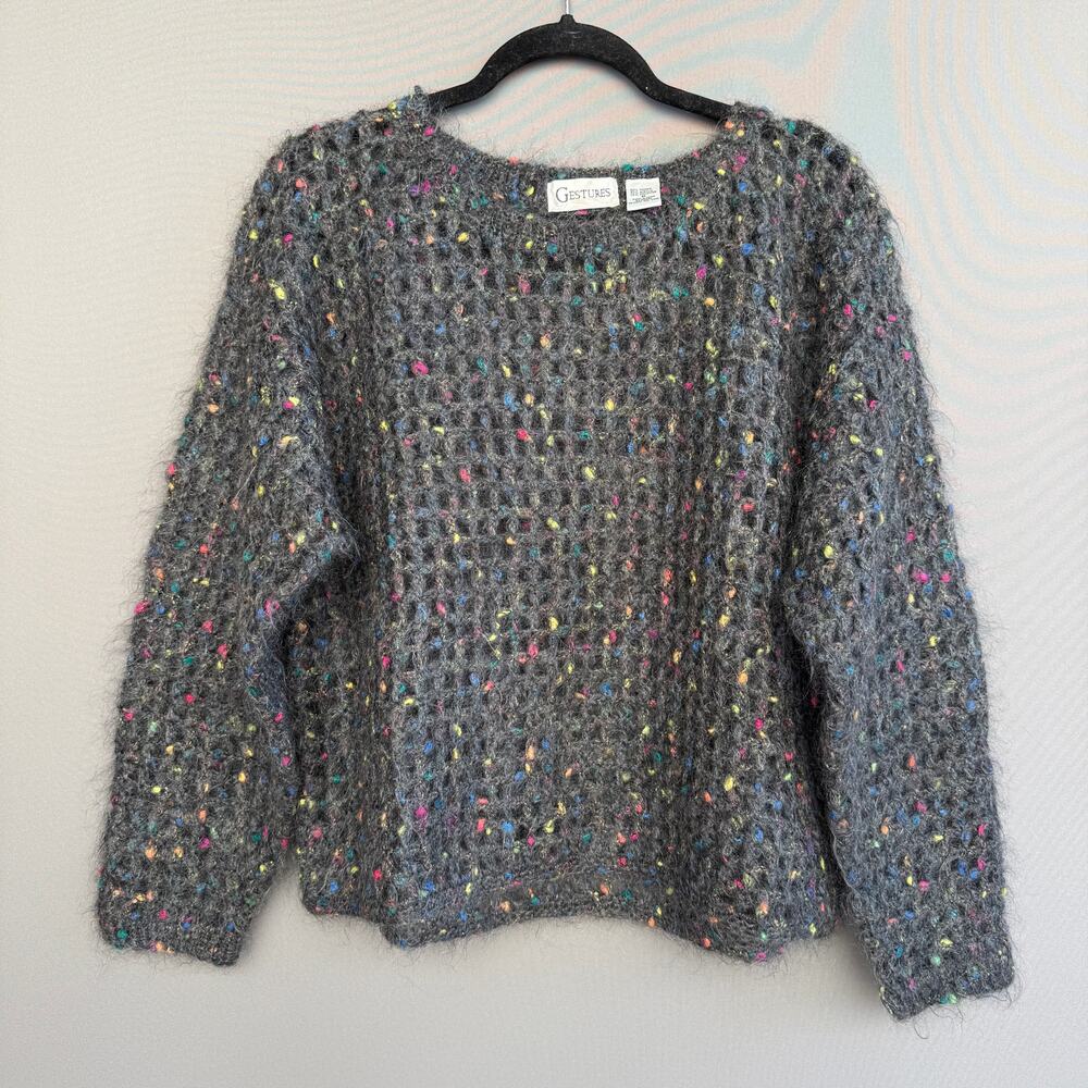 Vtg 90s Y2K Gestures mohair sweater - open weave confetti gray Boxy  Size M